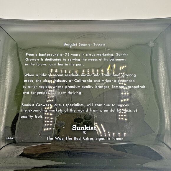 Vintage SUNKIST Smoke Glass & Gold World Saga Of Success Orange/Lemon Dish 9”x7” - Picture 9 of 10